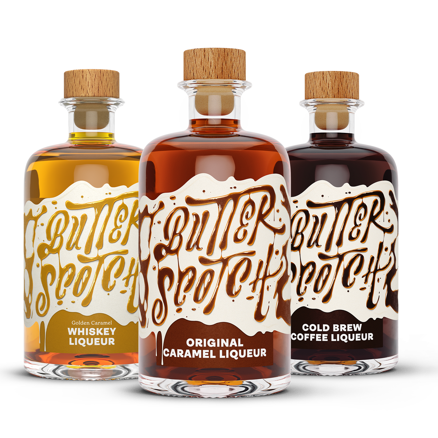 Butterscotch Golden Caramel Whiskey Liqueur, Original Caramel Liqueur und Cold Brew Coffee Liqueur im Bundle, 3 mal 0,5l Likör