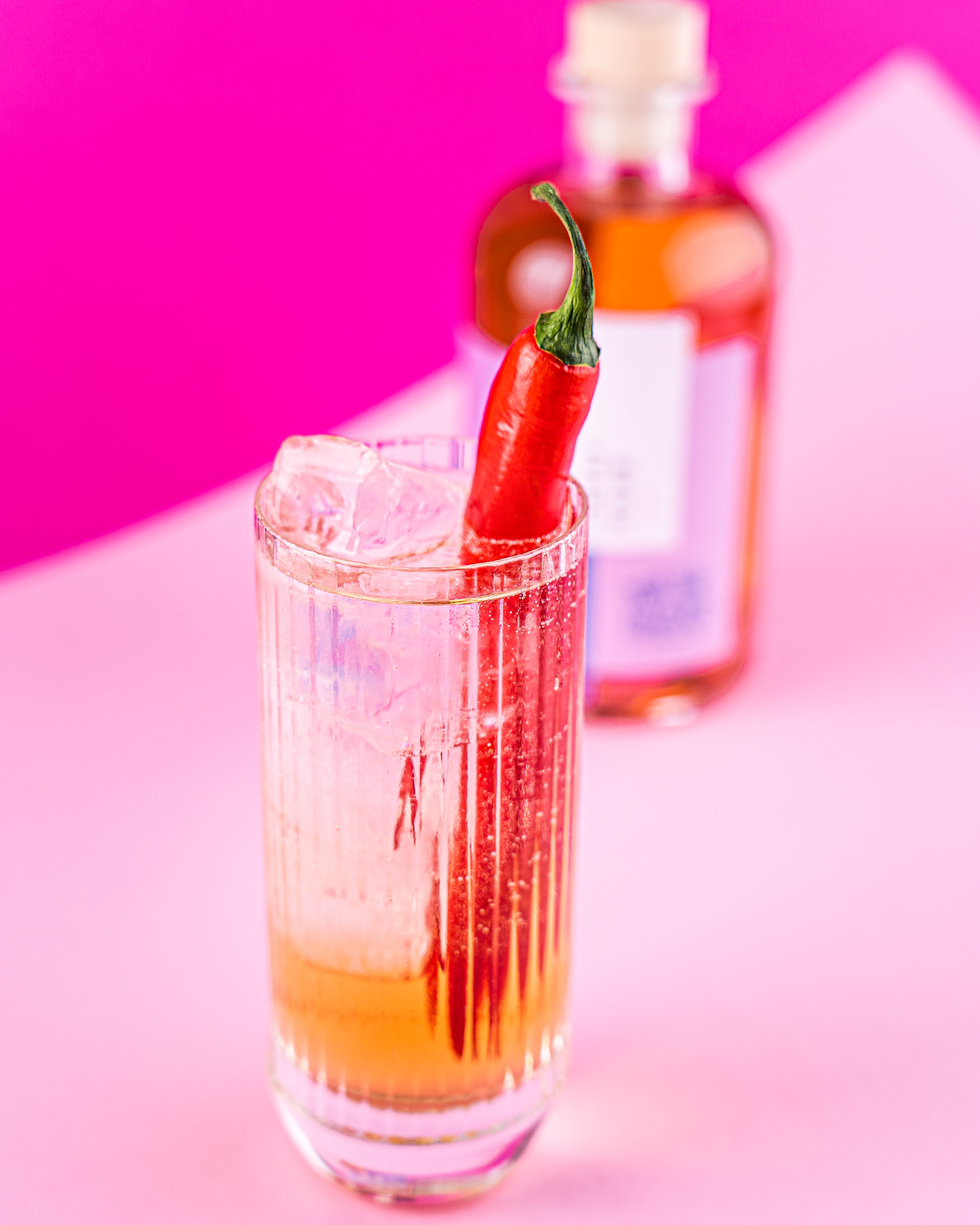 Chilli Rose Likör im Glas mit Eis, aufgegossen mit Tonic Water und mit einer Chillischote dekoriert. Flasche Chilli Rose Likör unscharf im Hintergrund. 20% Vol.