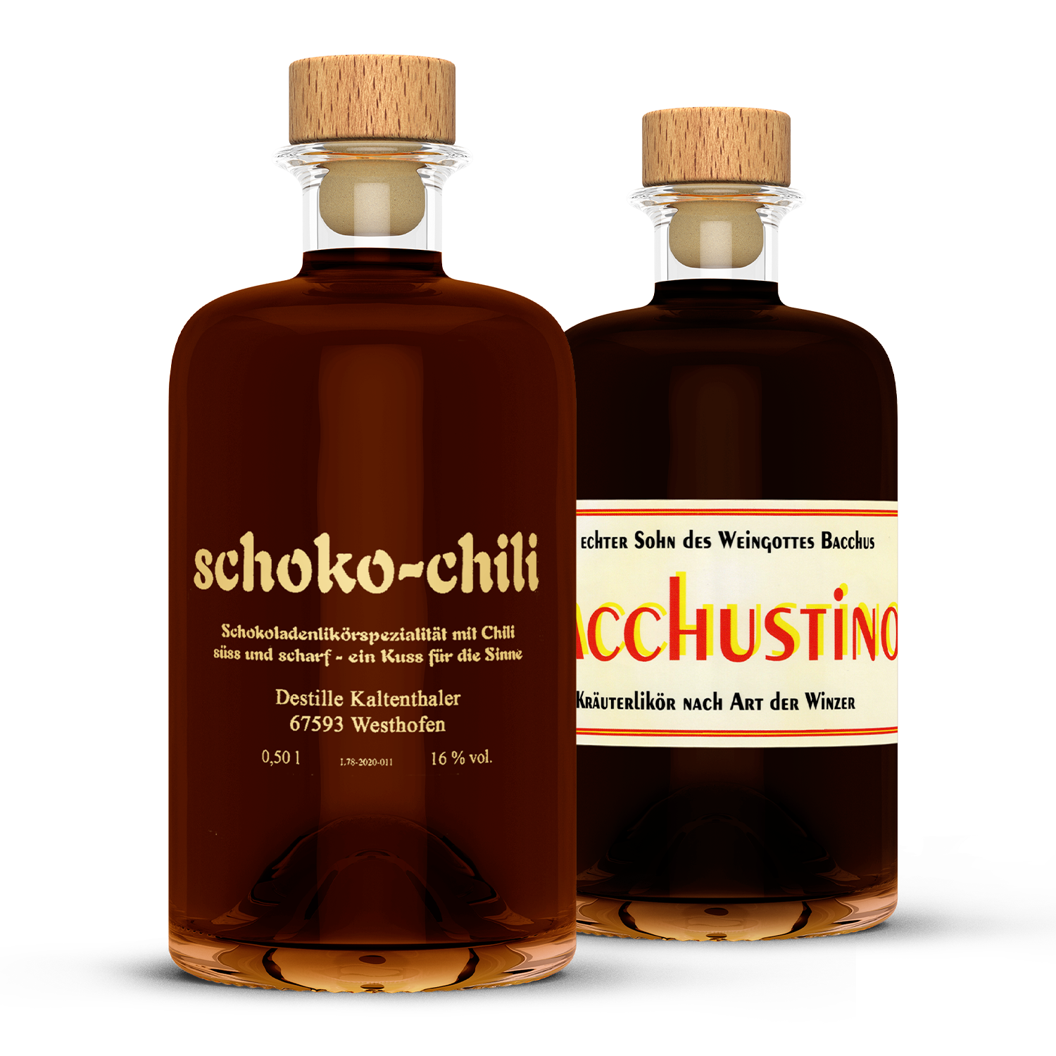 Schoko-Chilli Likör und Bacchustino Kräuterlikör im Bundle, Schokoladenlikör-Spezialität mit Chilli und Kräuterlikör nach Winzer-Art