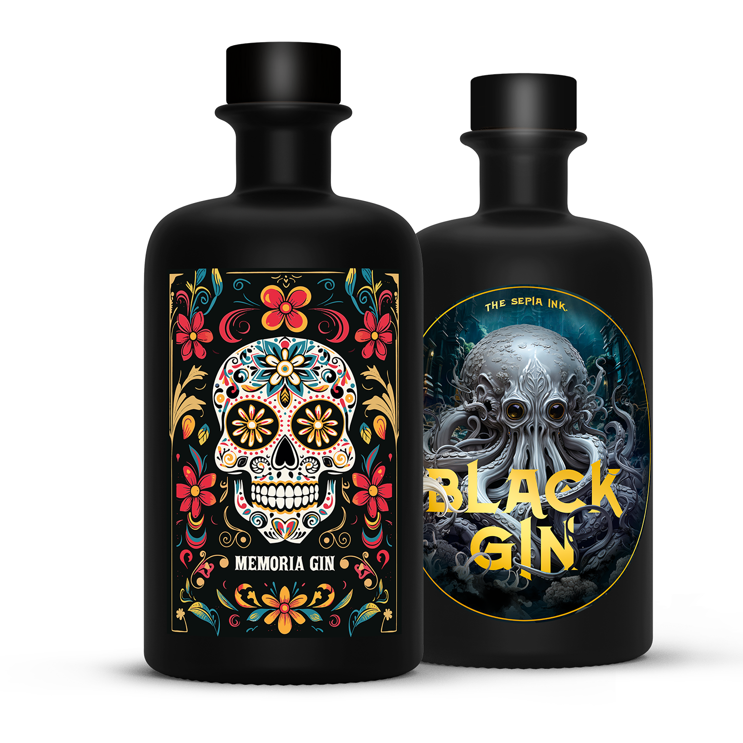 Memoria Gin mit mexikanischem, bunt verziertem Totenkopf im Bundle mit Sepia Ink Black Gin, mattschwarze Flasche mit Goldfolien-Schrift, 2 mal 0,5l Gin