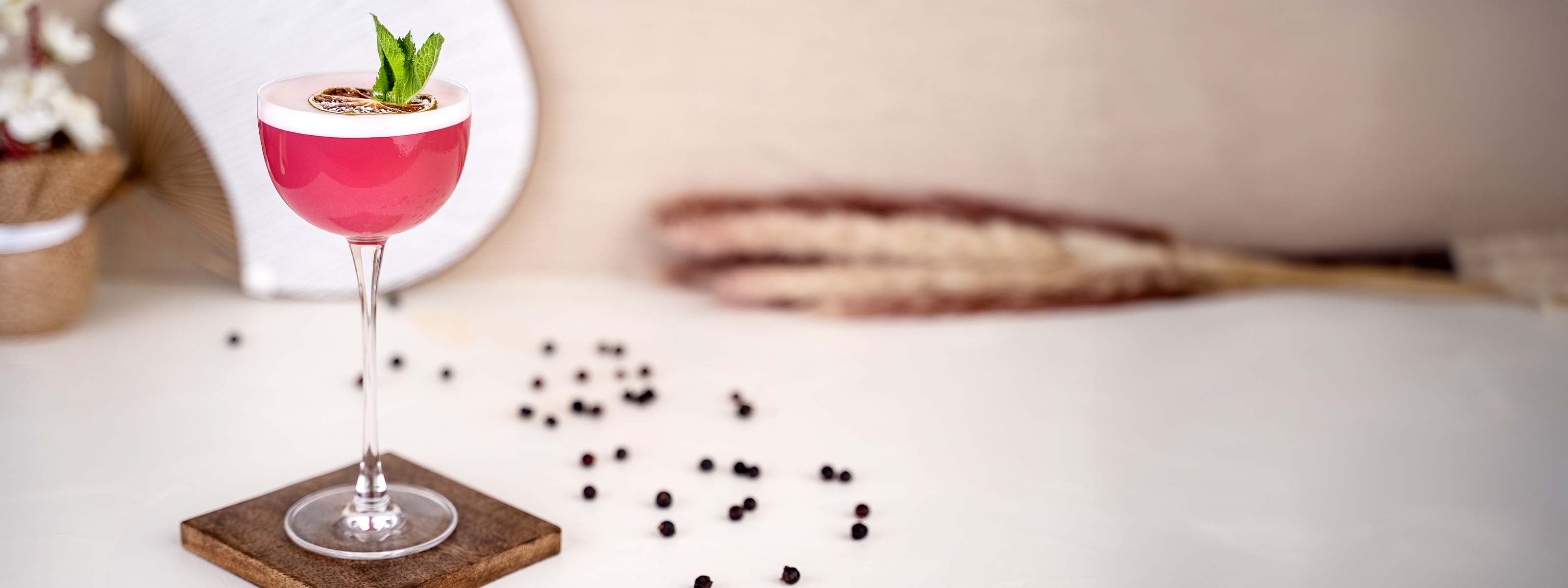 Last Sword Cocktail, pinker Drink in winery Coupetten-Glas mit weißem Schaum, dekoriert mit getrockneter Limette und frischer Minze, vor einem hellen Fächer im Hintergrund