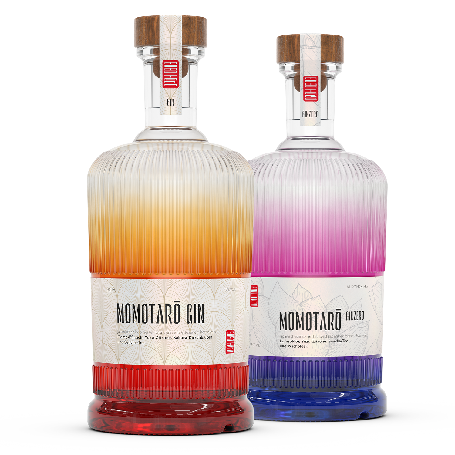 Momotaro Gin und Momotaro Ginzero im Bundle, Japanisch inspirierter Craft-Gin und alkoholfreie Alternative im Bundle, orange und lilafarbenes Flaschendesign mit japanischem Flair, mit Wacholder und Tee-Aromen, 2 mal 0,5l Gin und alkoholfreie Alternative