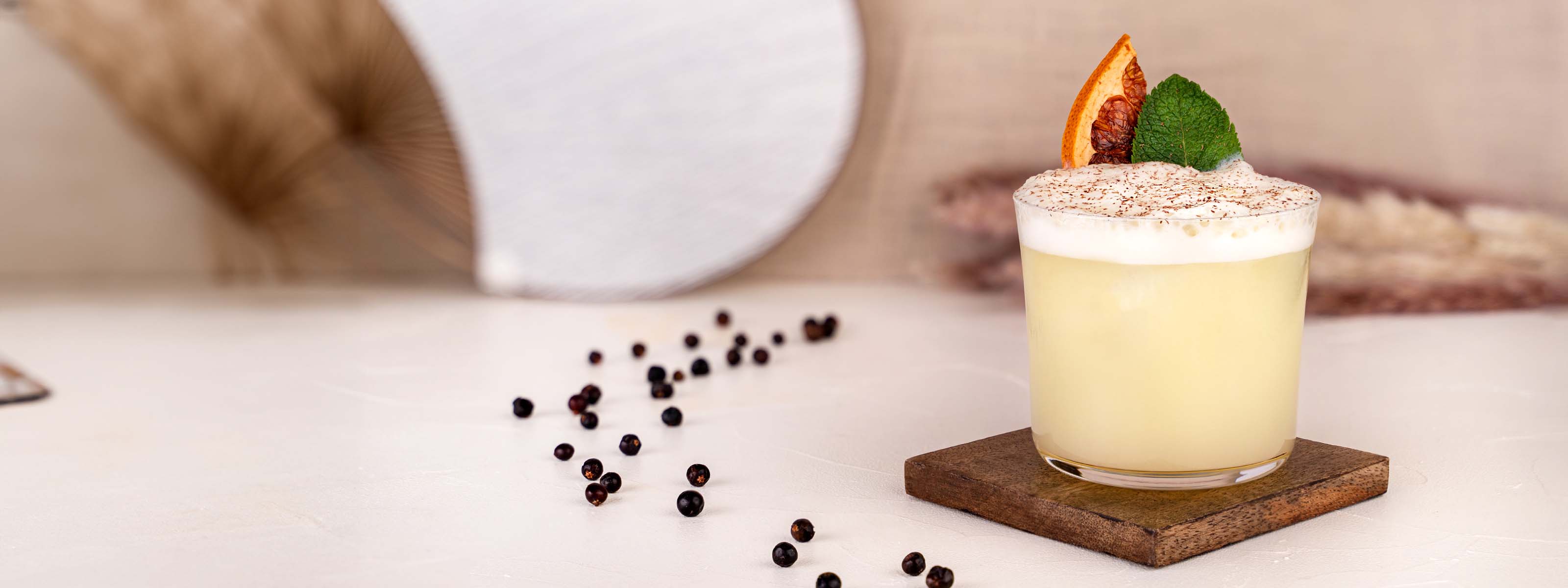 Momotaro Gin Sour Cocktail, gelber Drink in schlichtem Glas, dekoriert mit getrockneter Orange und frischem Minzblatt, vor hellem Hintergrund