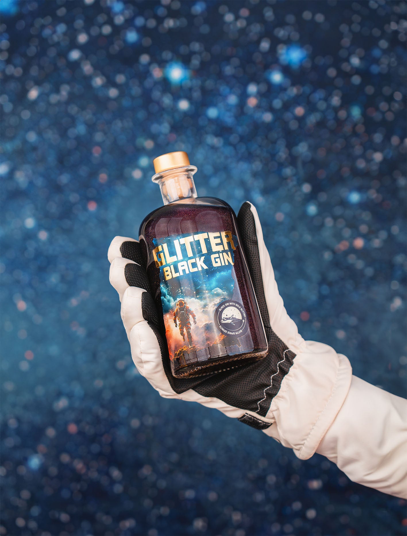 Glitter Black Gin Flasche von Astronauten-Handschuh gehalten vor Sternenhimmel-Hintergrund