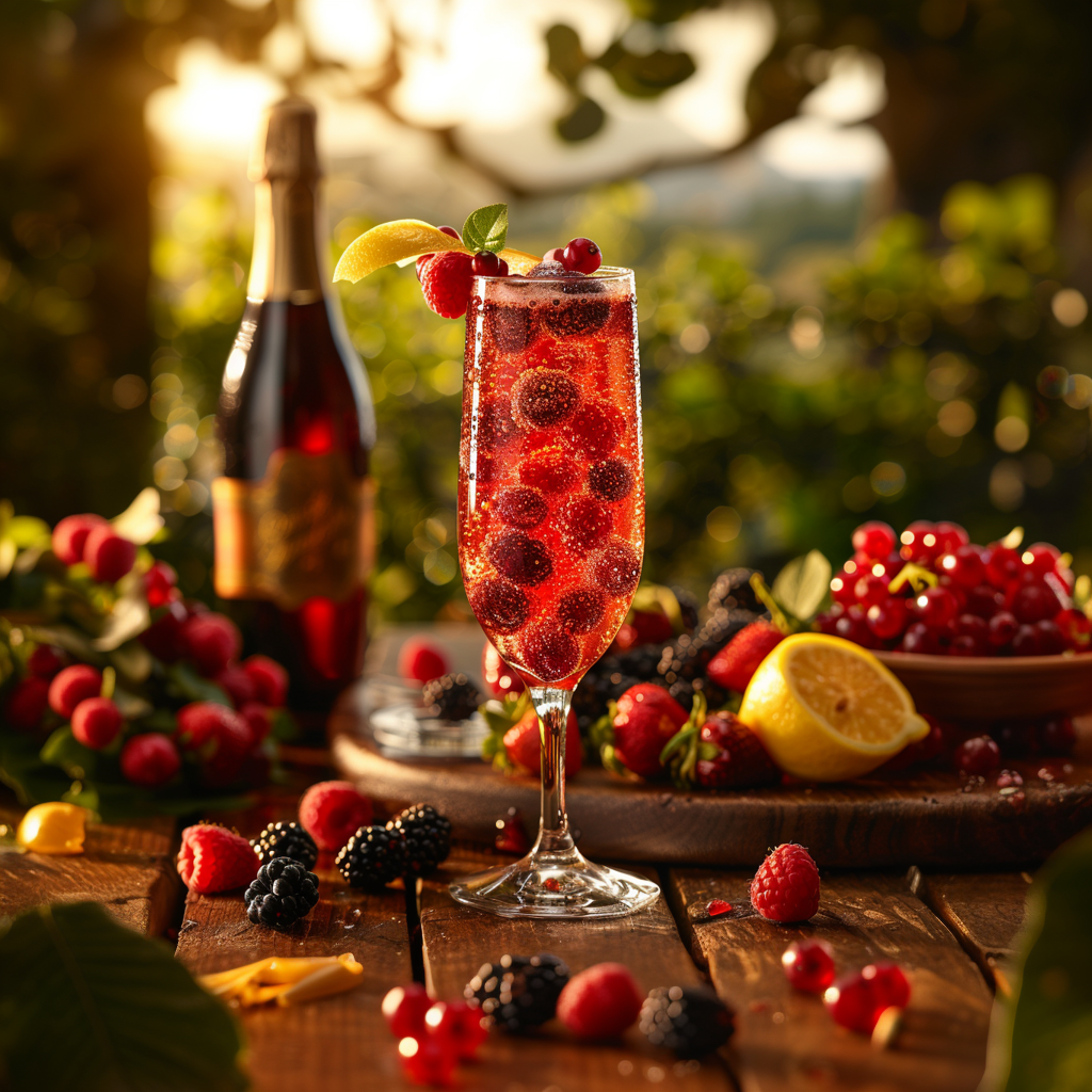 Dornfelder Fizz Cocktail, Roter Sekt-Cocktail mit frischen Beeren im Glas, dekoriert mit Beeren und Zitronenzeste, mit vielen frischen Beeren im Vorder- und Hintergrund, vor einer Sektflasche und Weinreben im Hintergrund