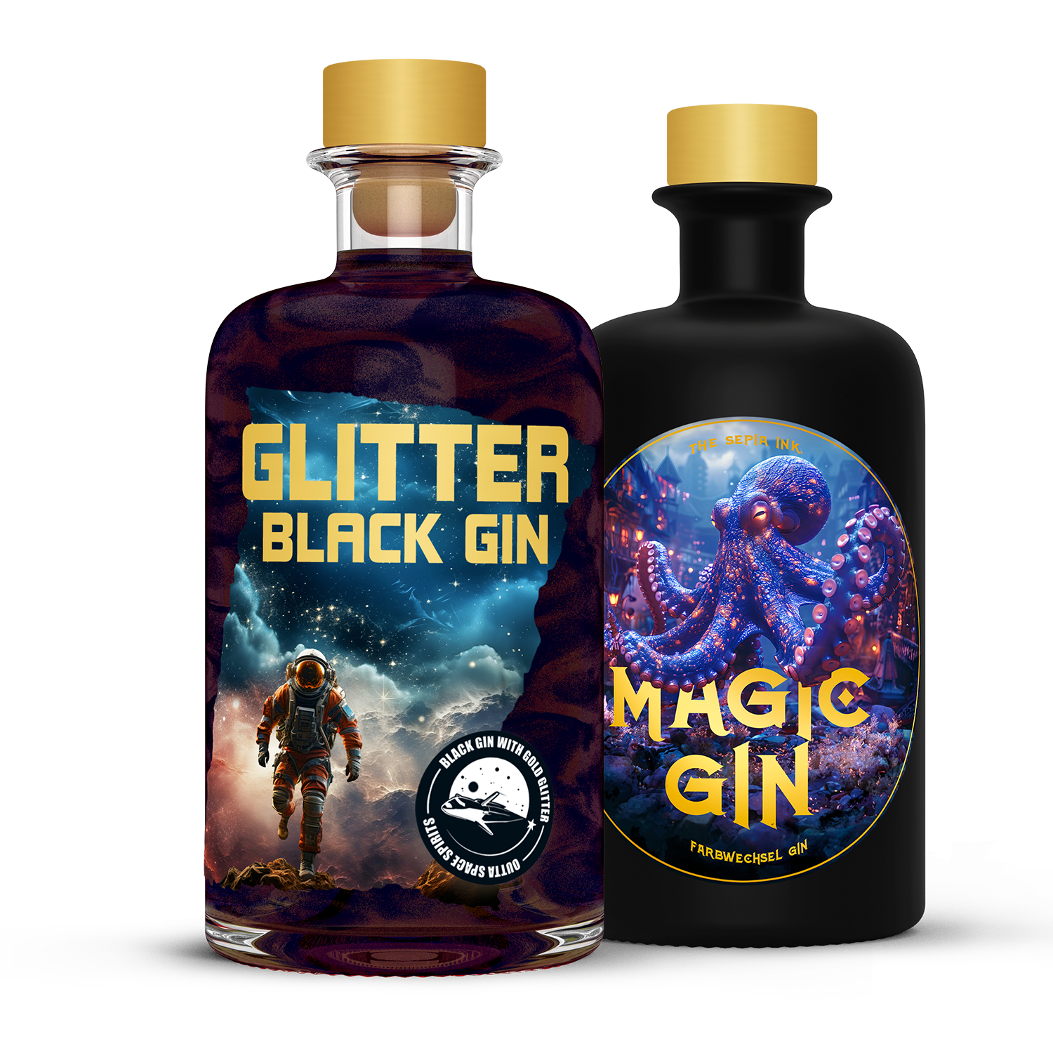 Glitter Black Gin mit Astronauten Design, mit essbarem Glitzer, Glasflasche mit dunkelblauem Inhalt, Sepia Ink Magic Gin, Farbwechsel Gin in mattschwarzer Flasche mit lilanem Kraken-Design, 2 mal 0,5l Gin