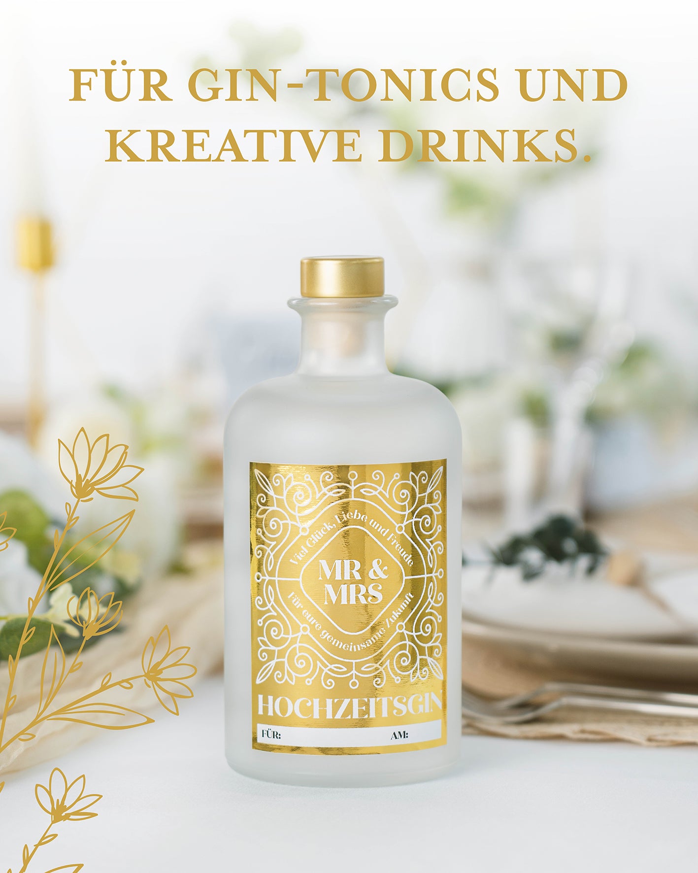 Personalisierbares Hochzeitsgeschenk, gold glänzendes Etikett, Für Gin-Tonics und kreative Drinks, Flasche auf hochzeitlich dekoriertem Tisch