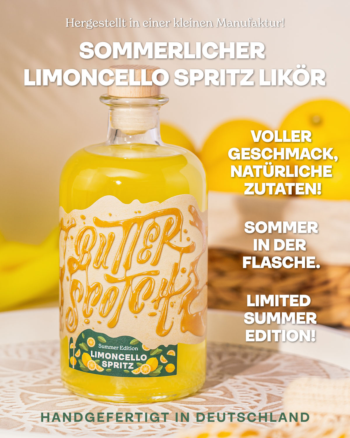 Sommerlicher Limoncello Spritz Likör, hergestellt in einer kleinen Manufaktur, Voller Geschmack, natürliche Zutaten. Limited Summer Edition, handgefertigt in Deutschland