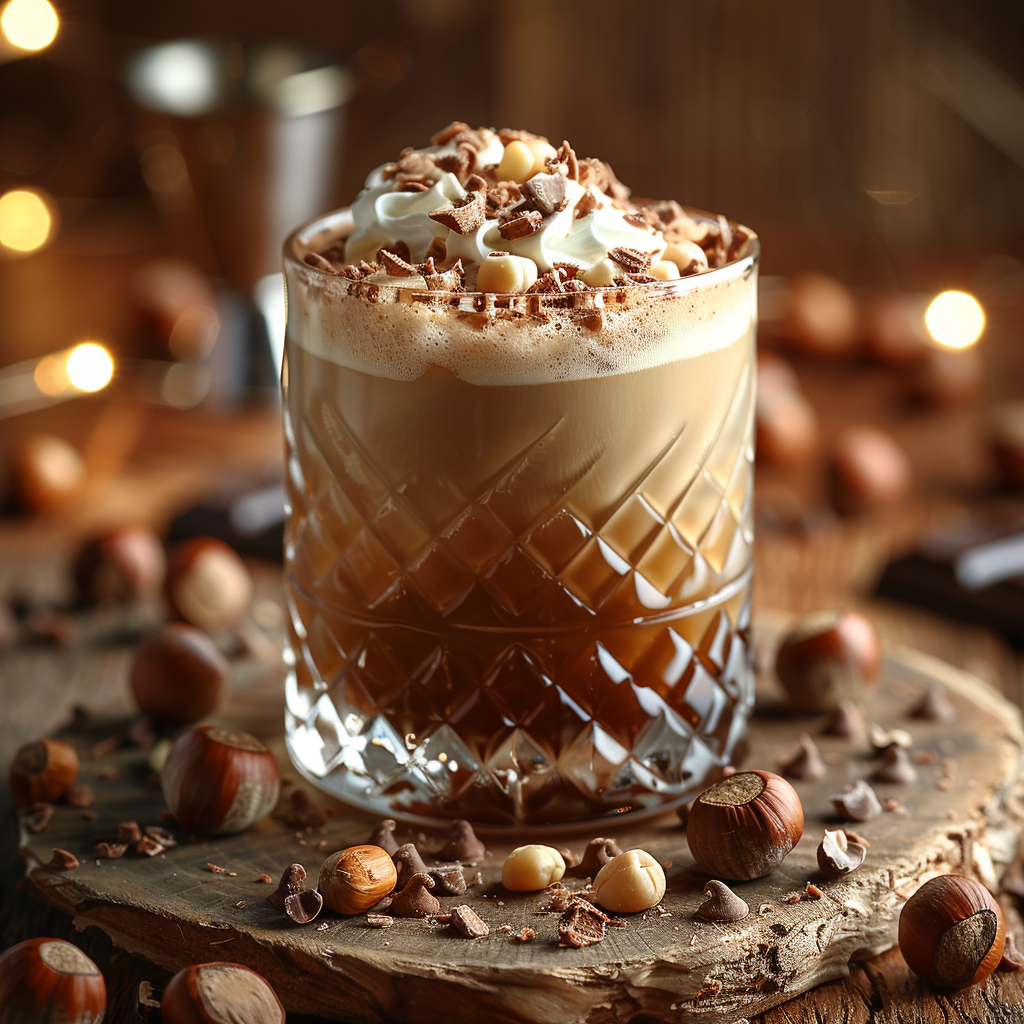 Nutty Chocolate Sour Cocktail im geschliffenen Glas mit Sahnehaube, Schokolade und Nüssen garniert, Vor unscharfem Hintergrund zwischen Nüssen und Schokodrops