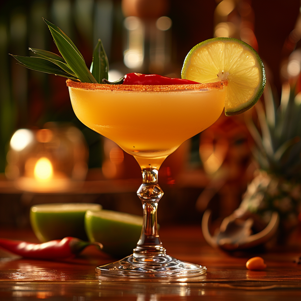 Spiced Daiquiri Cocktail im Cocktailglas, dekoriert mit einer Limettenscheibe und einer Chilli, Mit Zuckerrand dekoriert vor Obst im Hintergrund